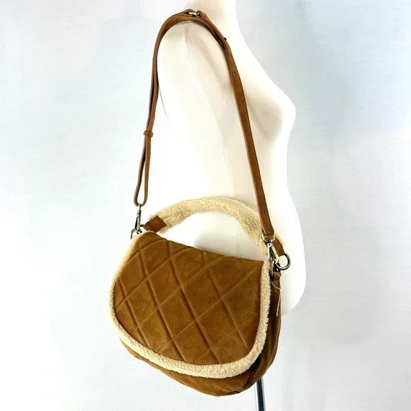 SUNDANCE Tan Suede Leather Quilted Shearling Lined Shoulder Bag NWOT - Picture 8 of 13